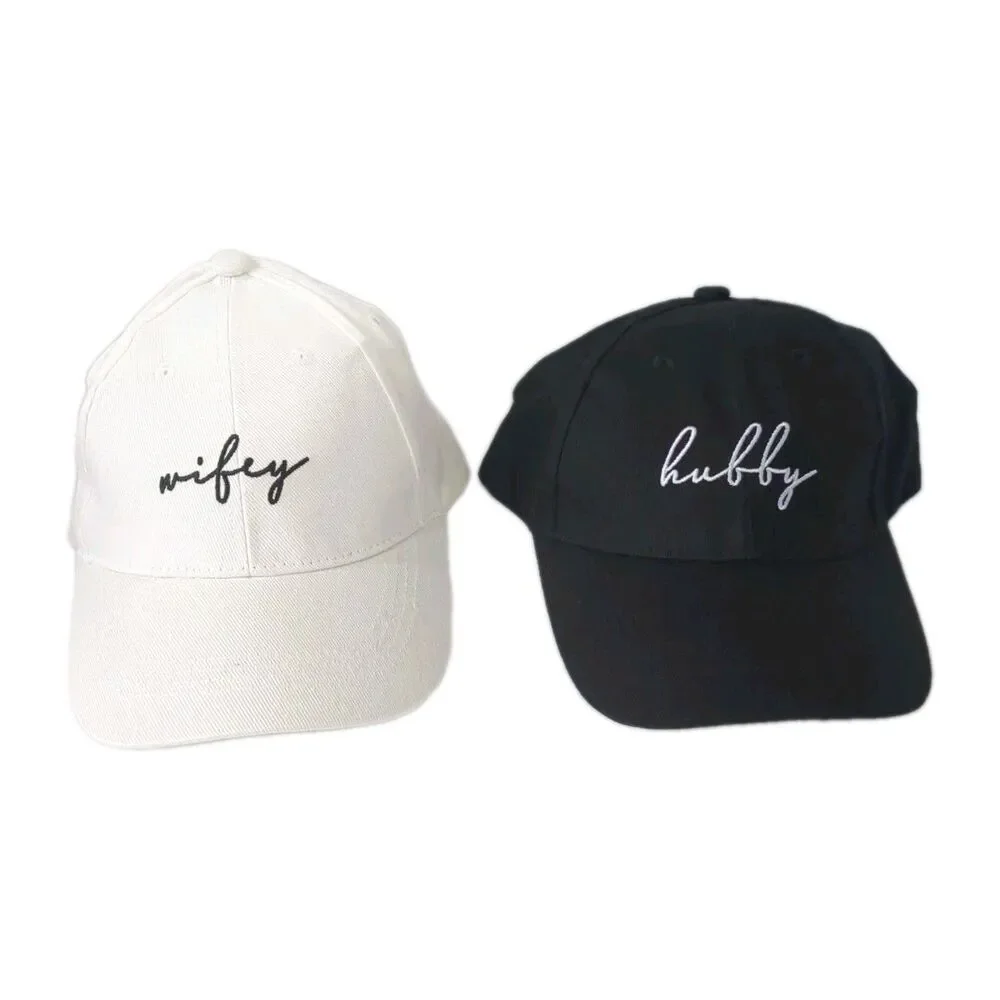 Hubby and Wifey Caps One Size Black & White Embroidered Bridal Wedding Set Hats